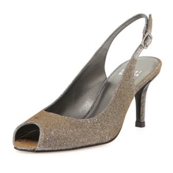 Stuart Weitzman Shoes - STUART WEITZMAN Slinky Glitter Peep-Toe Slingback, Pyrite Nocturn - Size:8